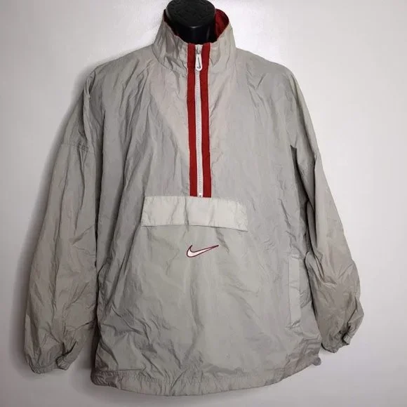 Nike Men's Windbreaker Jacket XL Gray Red Swoosh Nylon Half Zip White Label - Picture 11 of 11